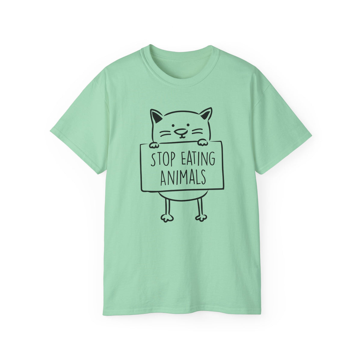 Cat Holding Sign Stop Eating Animals T-Shirt | Vegan Animal Rights Tee