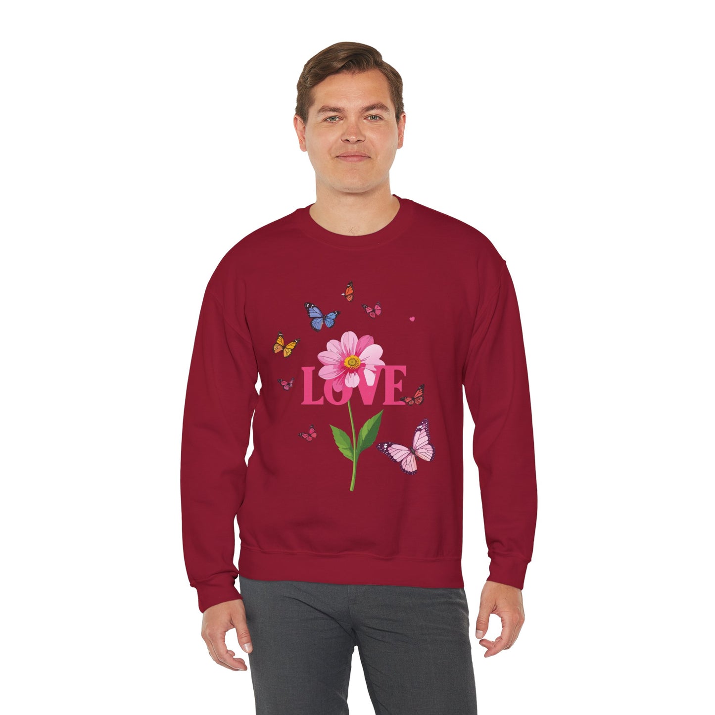 Unisex Floral Love Sweatshirt, Love Floral Sweatshirt, Floral Butterfly Sweatshirt, 50/50 Cotton-Poly Valentine's Day Sweatshirt 01
