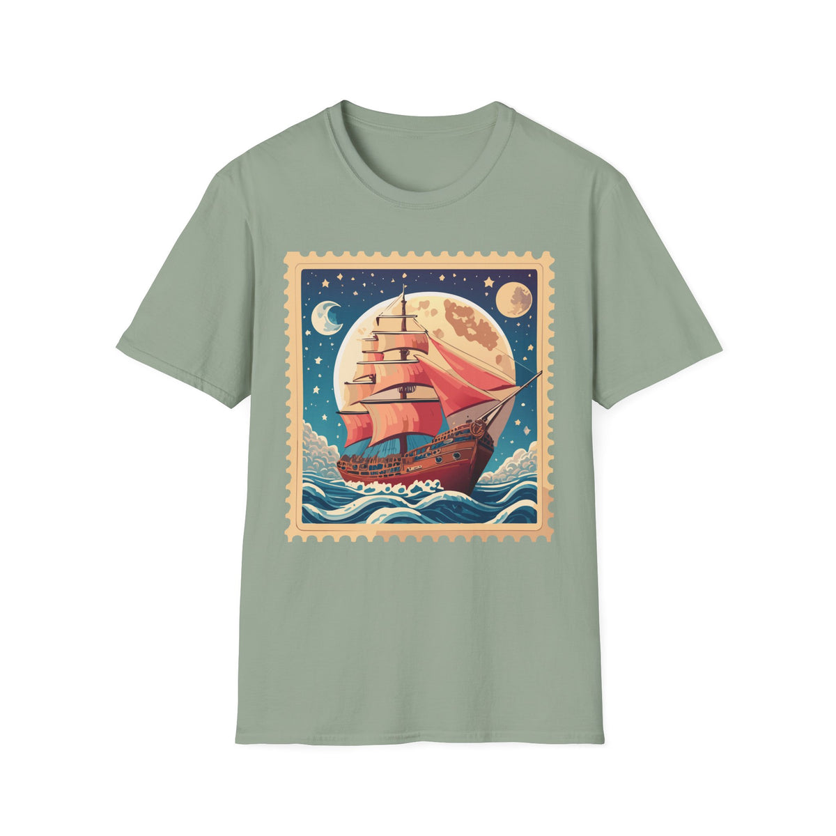 Vintage Sailing Ship Stamp T-Shirt | Moonlit Ocean Illustration