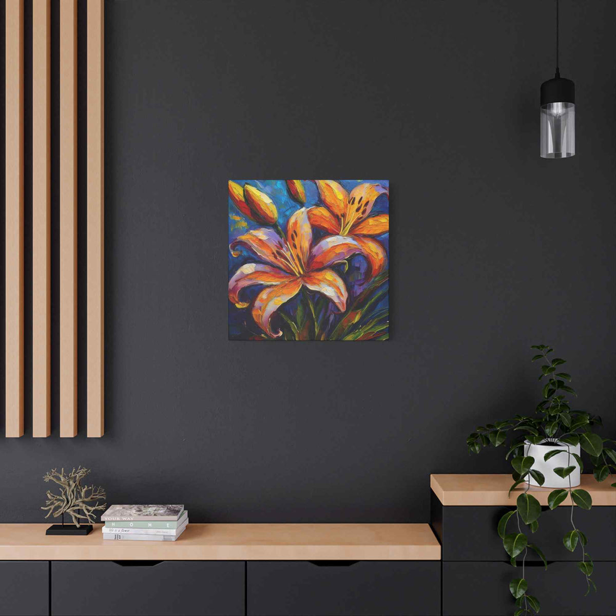 Gold Lilies Print Canvas, Floral Oil Paint Print 20x20, 24x24, 30x30, 32x32, 36x36 Art Design Pine-Wood Inner Frame MC-151
