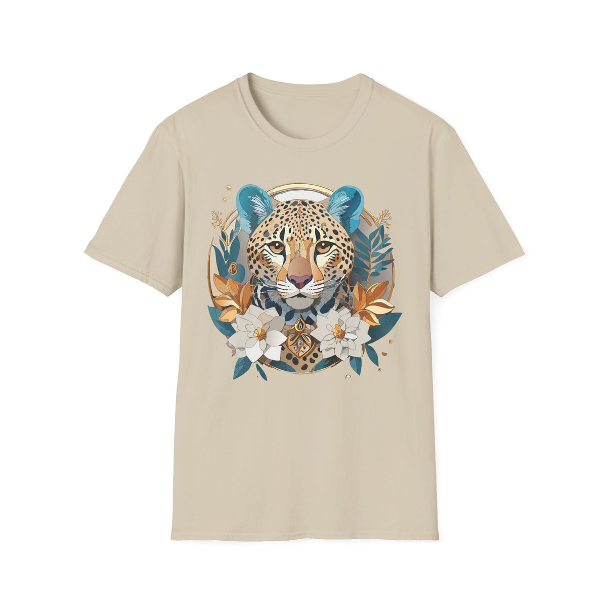Boho Cheetah Face T-Shirt | Floral Leaves Illustration