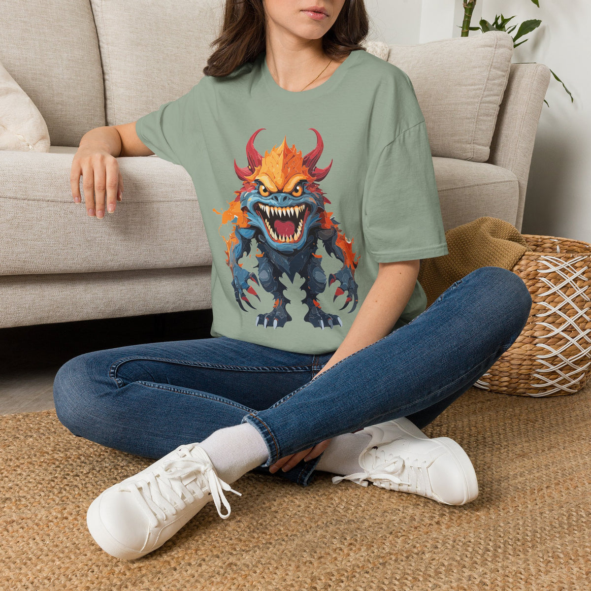 Monster T-Shirt — Fiery Demon Creature Cartoon Graphic Tee Unisex 100 Cotton Gildan T-Shirt