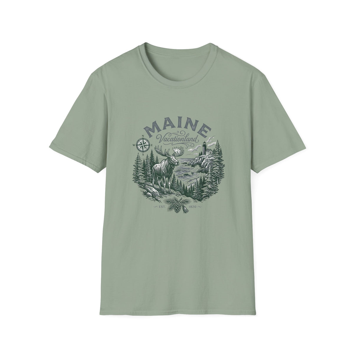 Maine Wilderness Moose Graphic T-Shirt — Vintage State Nature Travel Tourist Graphic Design Unisex 100 Cotton Gildan T-Shirt