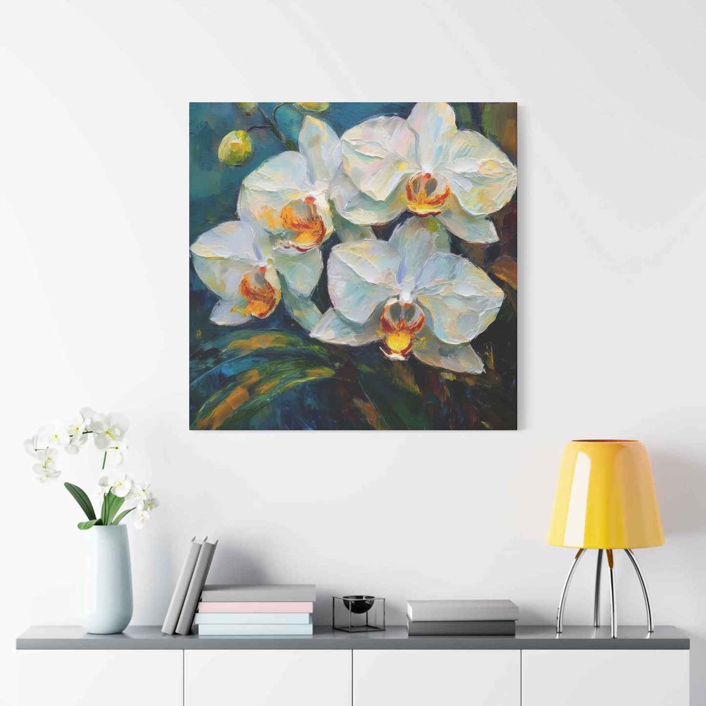 White Orchids Print Canvas, Floral Oil Paint Print 20x20, 24x24, 30x30, 32x32, 36x36 Art Design Pine-Wood Inner Frame MC-135
