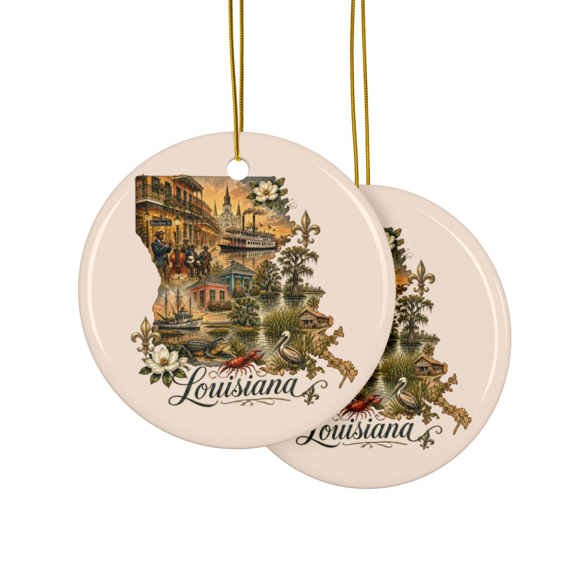 Louisiana Vintage State Collage Ornament Ceramic | Ceramic Ornament - 2.99" Includes Gold String