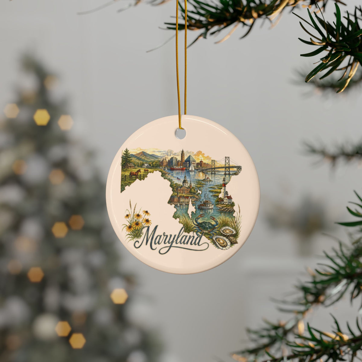 Maryland State Map Artwork Ornament | Ceramic Round Ornament - 2.99" Includes Gold String