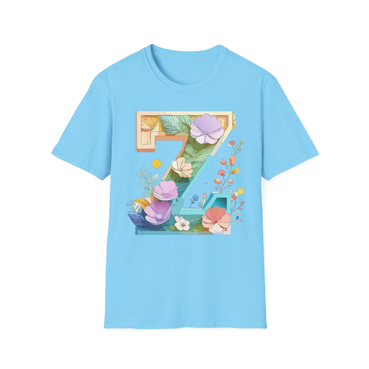 Floral Number 7 T-Shirt | Botanical Letter 7, Flower Initial Tee