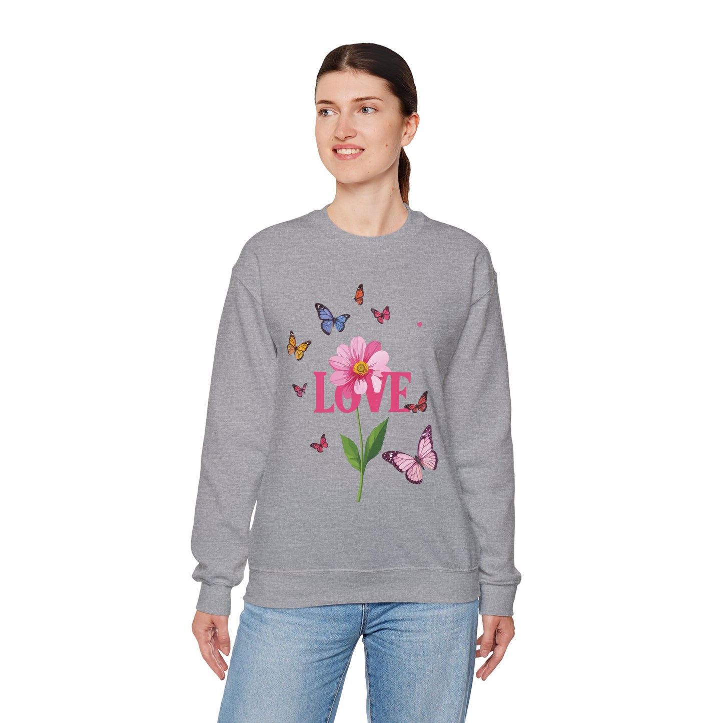 Unisex Floral Love Sweatshirt, Love Floral Sweatshirt, Floral Butterfly Sweatshirt, 50/50 Cotton-Poly Valentine's Day Sweatshirt 01