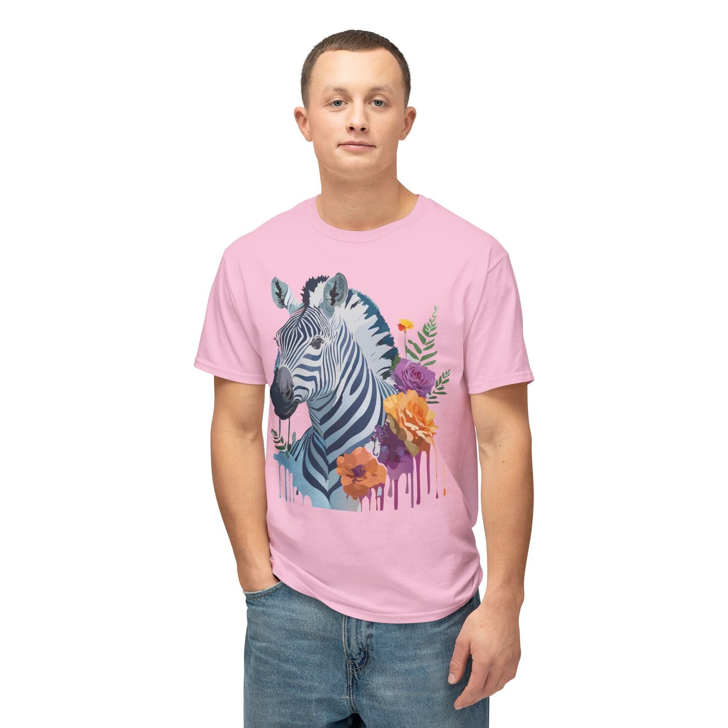Unisex Zebra T Shirt With Floral Art Print Premium HD Cotton Jersey Tee Made In USA
