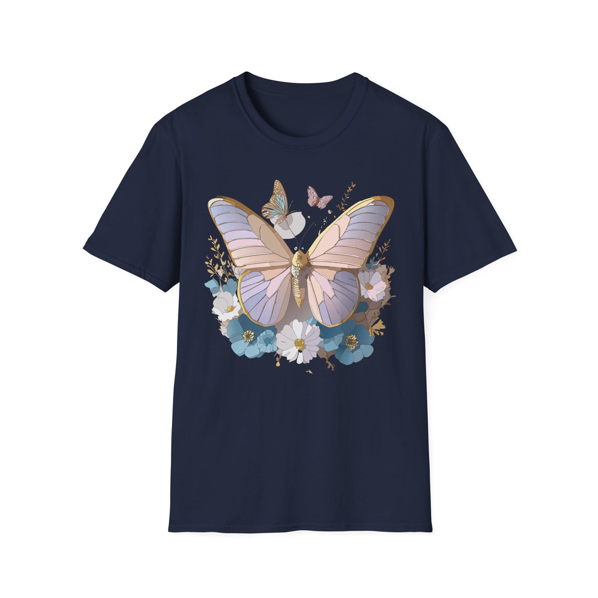 Butterfly Floral T-Shirt — Pastel Moth & Wildflower Graphic Design Unisex 100 Cotton Gildan T-Shirt