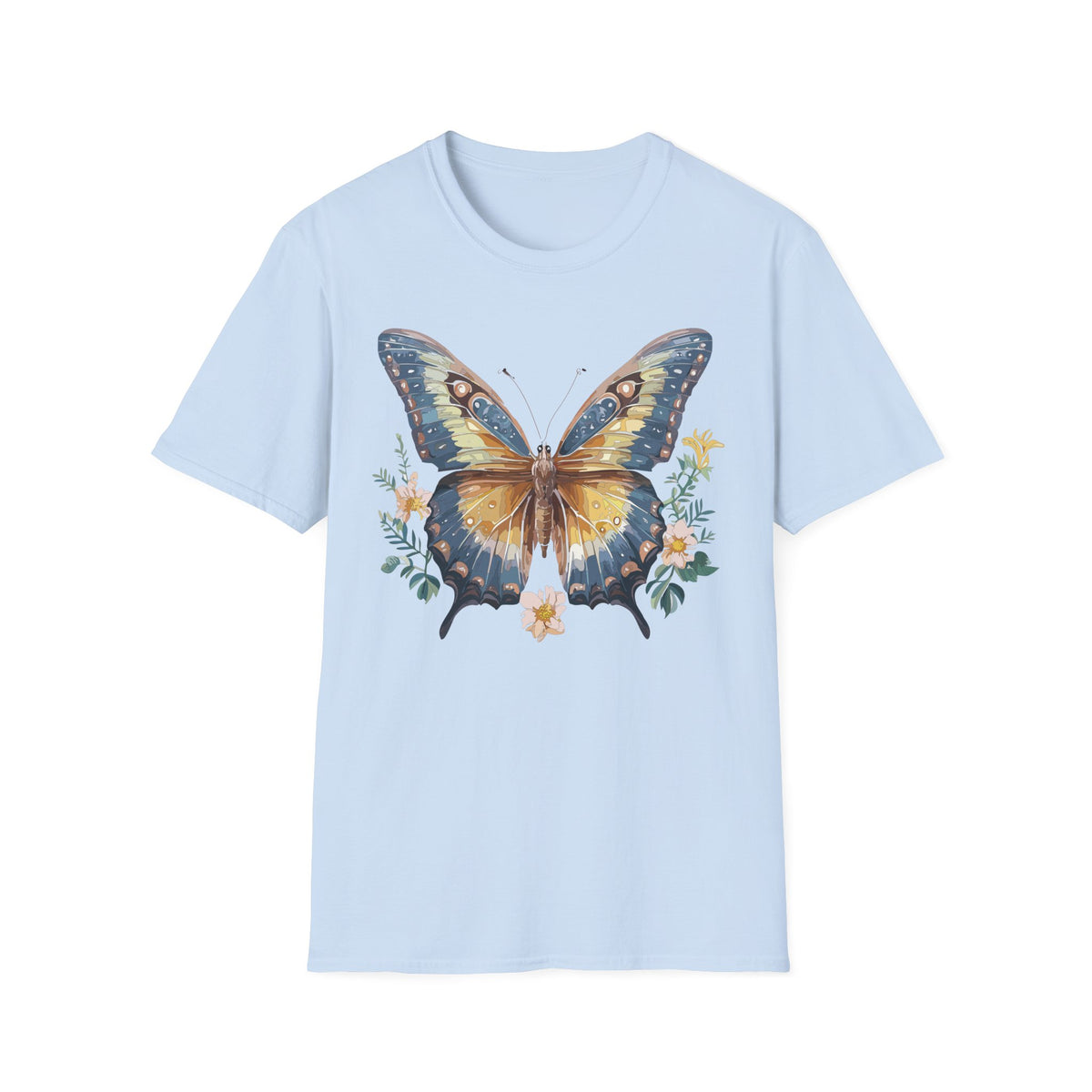 Golden Blue Butterfly T-Shirt | Botanical Accent Graphic Tee Unisex 100 Cotton Gildan T-Shirt