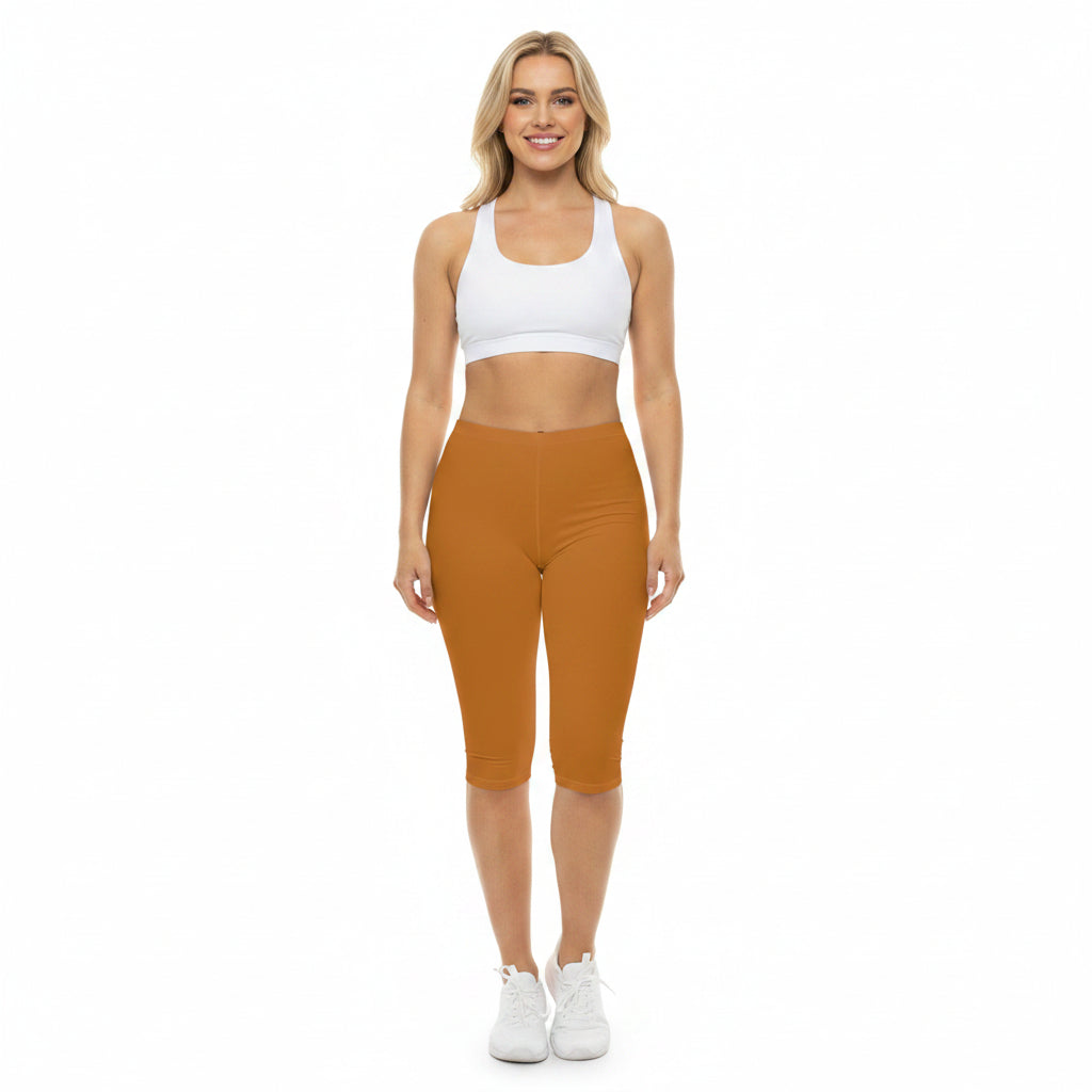 Ochre Orange Color Women's Brushed Suede Poly Span Casual Capri Leggings XS-2XL