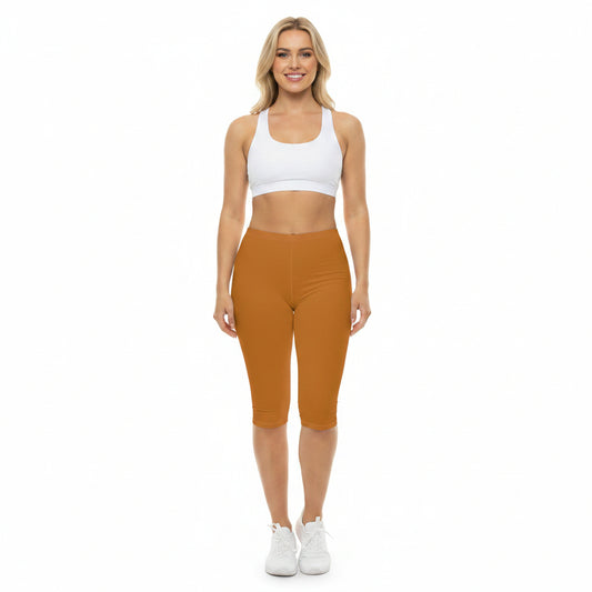 Ochre Orange Color Women's Brushed Suede Poly Span Casual Capri Leggings XS-2XL