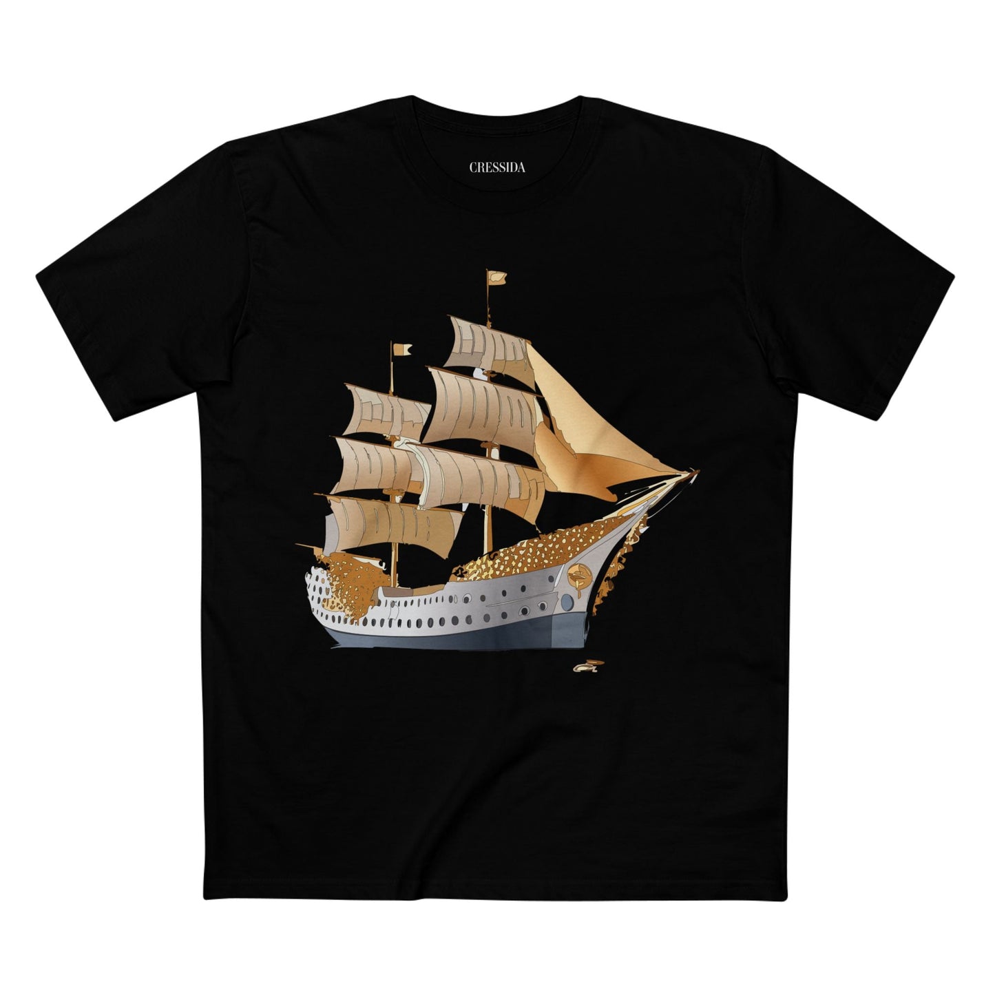 Ship Graphic Unisex 100 Cotton T-Shirt with Gold Frigate Art Design 25