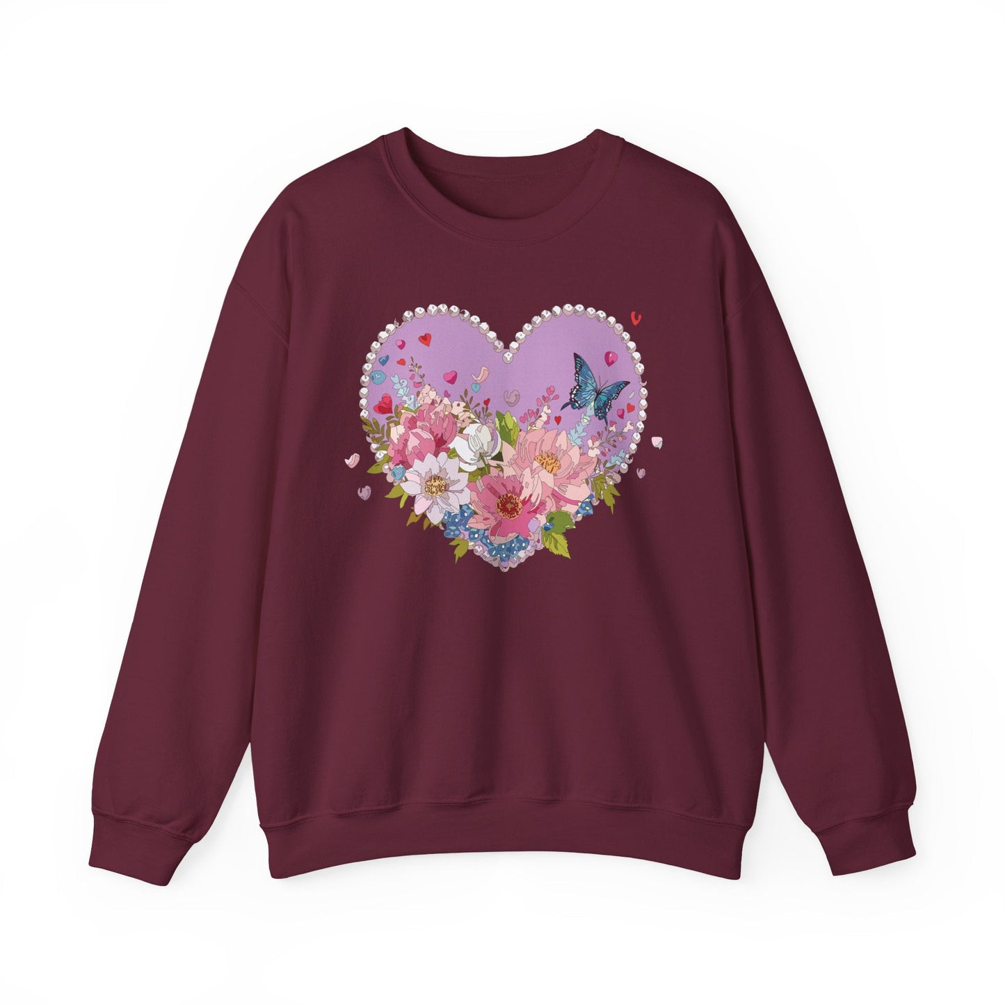 Floral Heart Sweatshirt Unisex Crewneck Valentines Day Heavy Blend Gildan 18000 Cozy Warm
