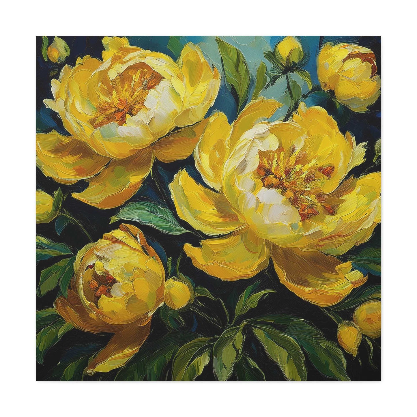 Yellow Peonies Print Canvas, Floral Oil Paint Print 20x20, 24x24, 30x30, 32x32, 36x36 Art Design Pine-Wood Inner Frame MC-121