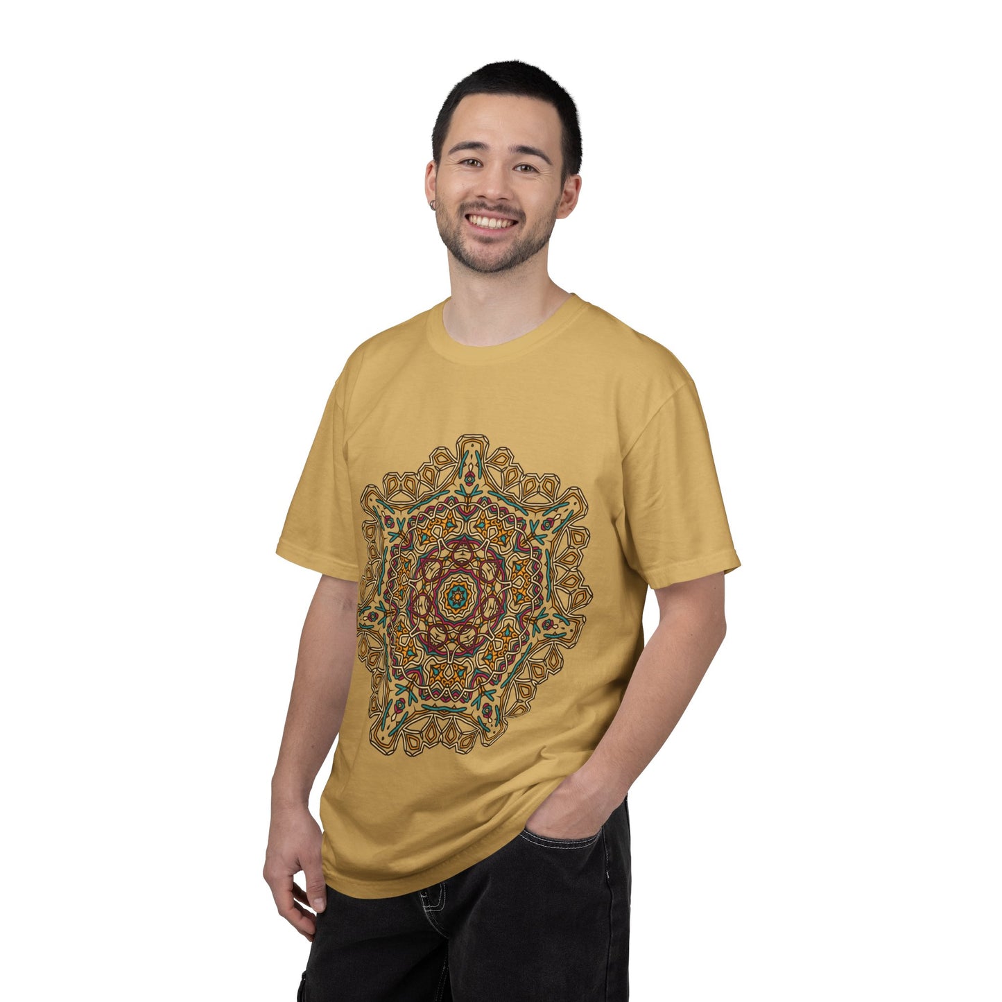 Unisex Garment Dyed Cotton T-Shirt with Mandala Graphic Design