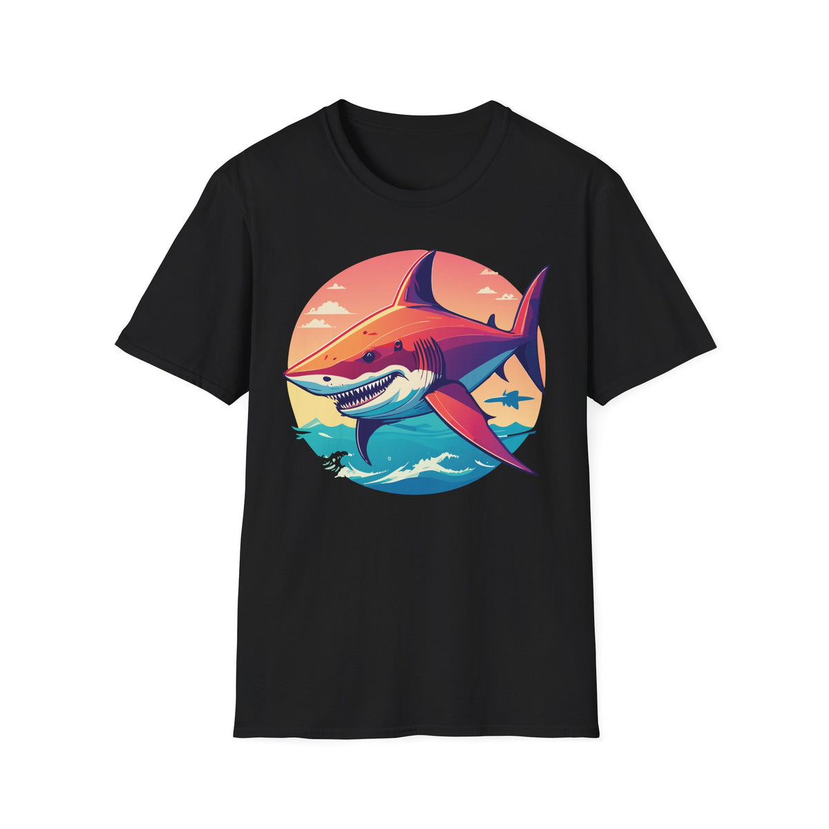 Sunset Shark Graphic T-Shirt | Retro Ocean Illustration