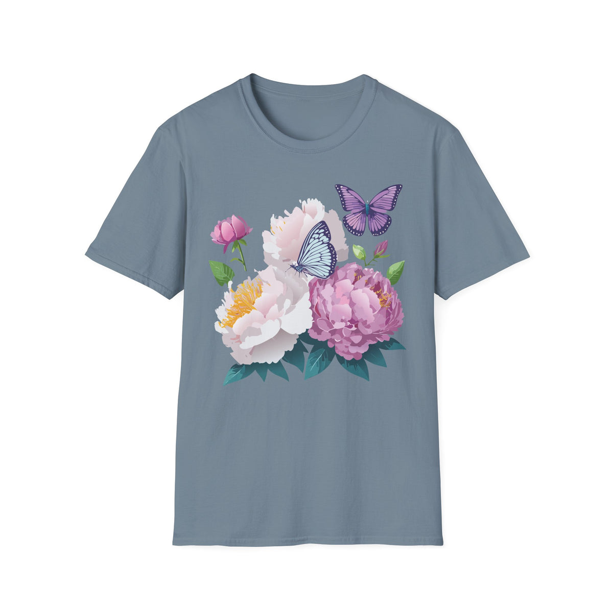 Floral Peonies & Butterflies T-Shirt — pastel garden tee for spring, Mother's Day Graphic Tee Unisex 100 Cotton Gildan T-Shirt