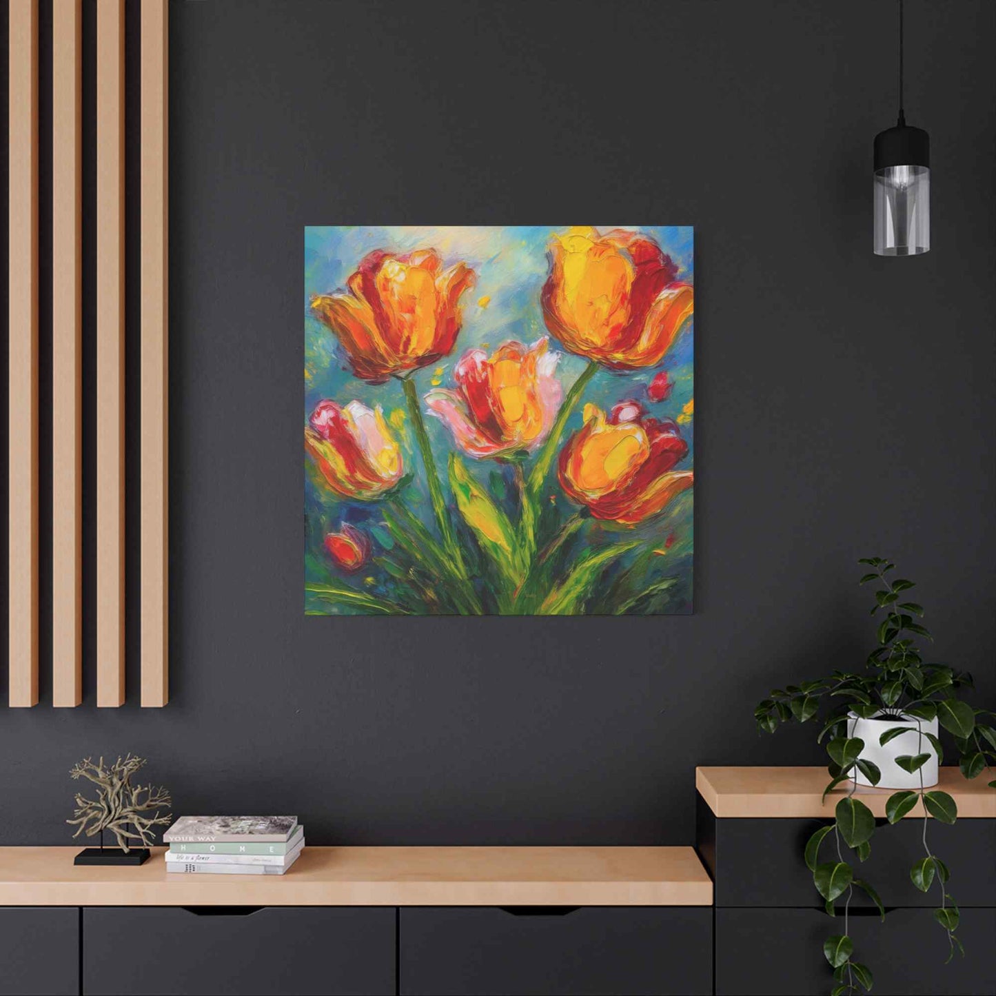 Tulips Print Canvas, Floral Oil Paint Print 20x20, 24x24, 30x30, 32x32, 36x36 Art Design Pine-Wood Inner Frame MC-144