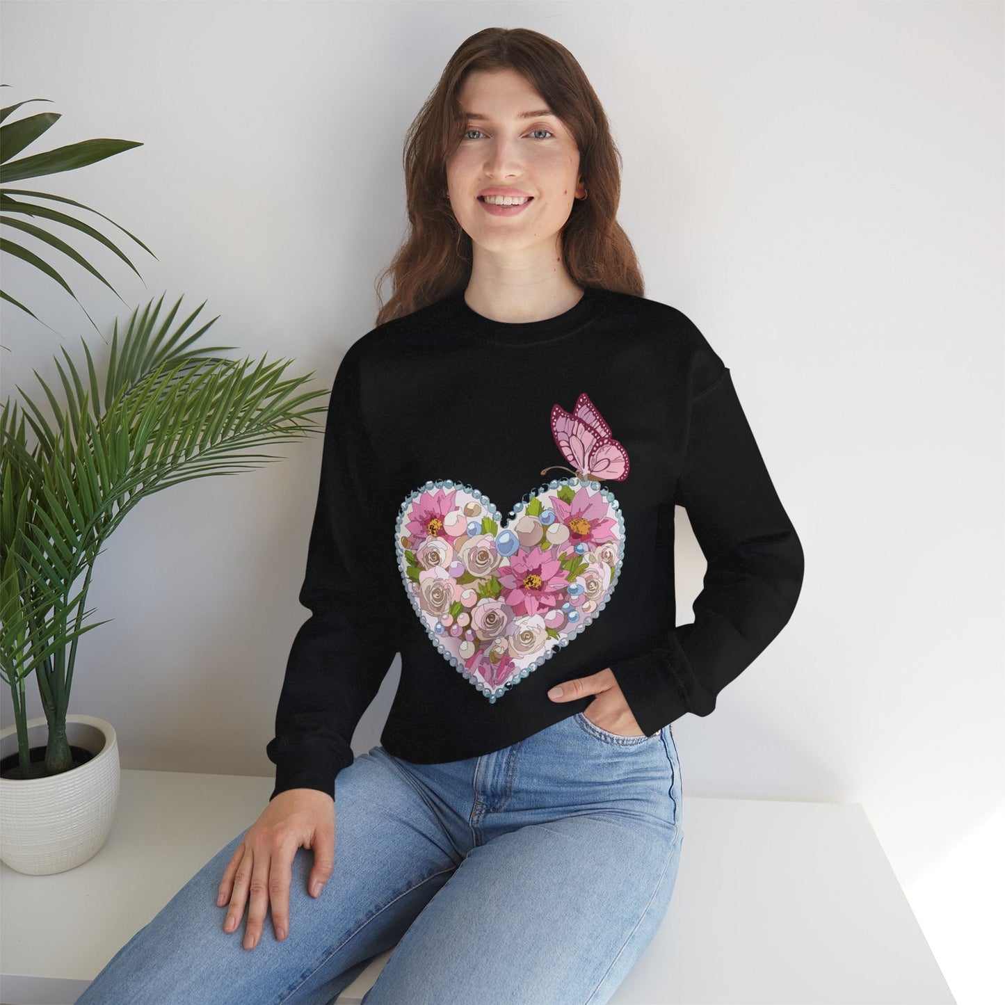 Floral Heart Sweatshirt Unisex Crewneck Valentines Day 50 50 Heavy Blend Gildan 18000
