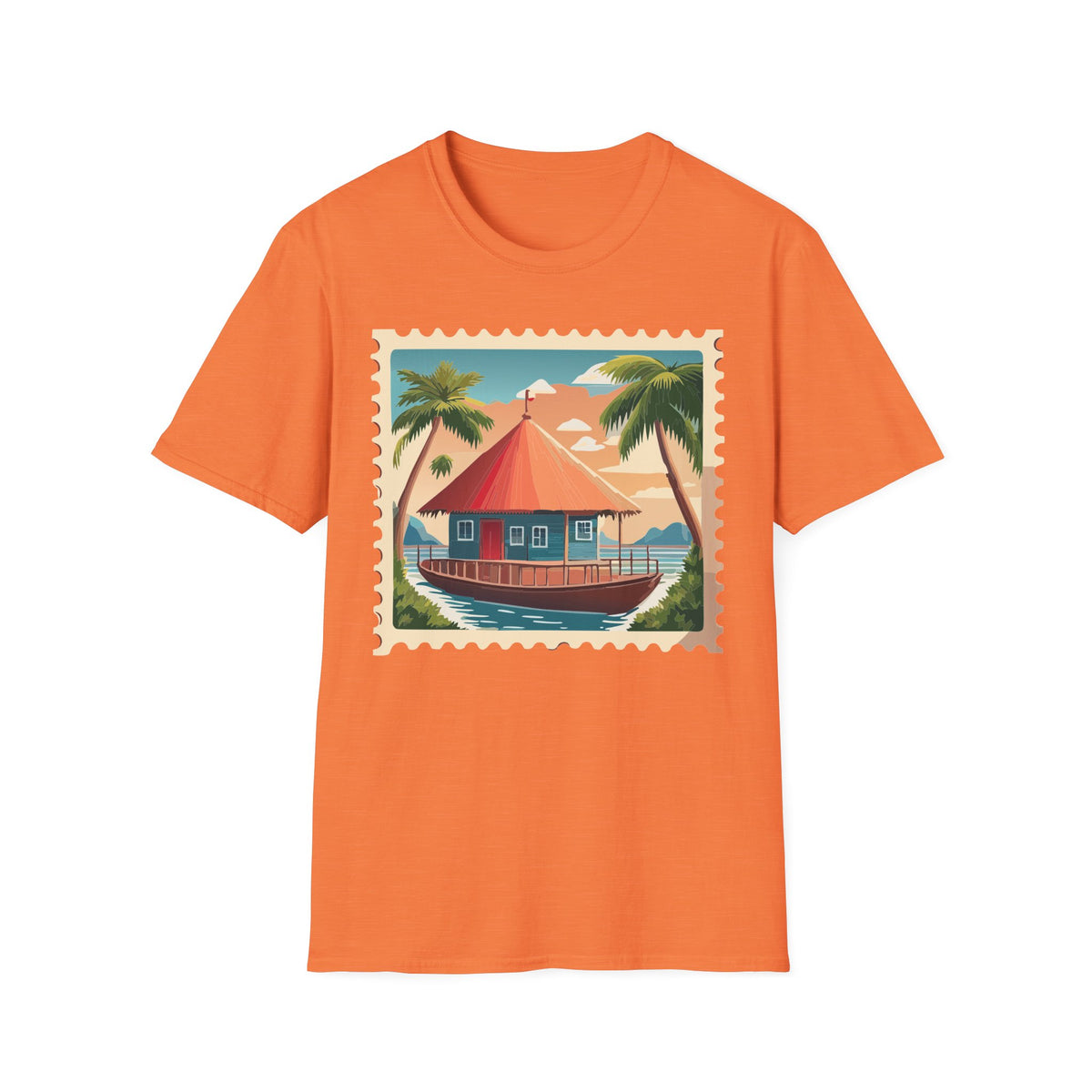 Tropical Beach Cottage T-Shirt | Palm Trees, Sunset Hut Graphic Tee Unisex 100 Cotton Gildan T-Shirt