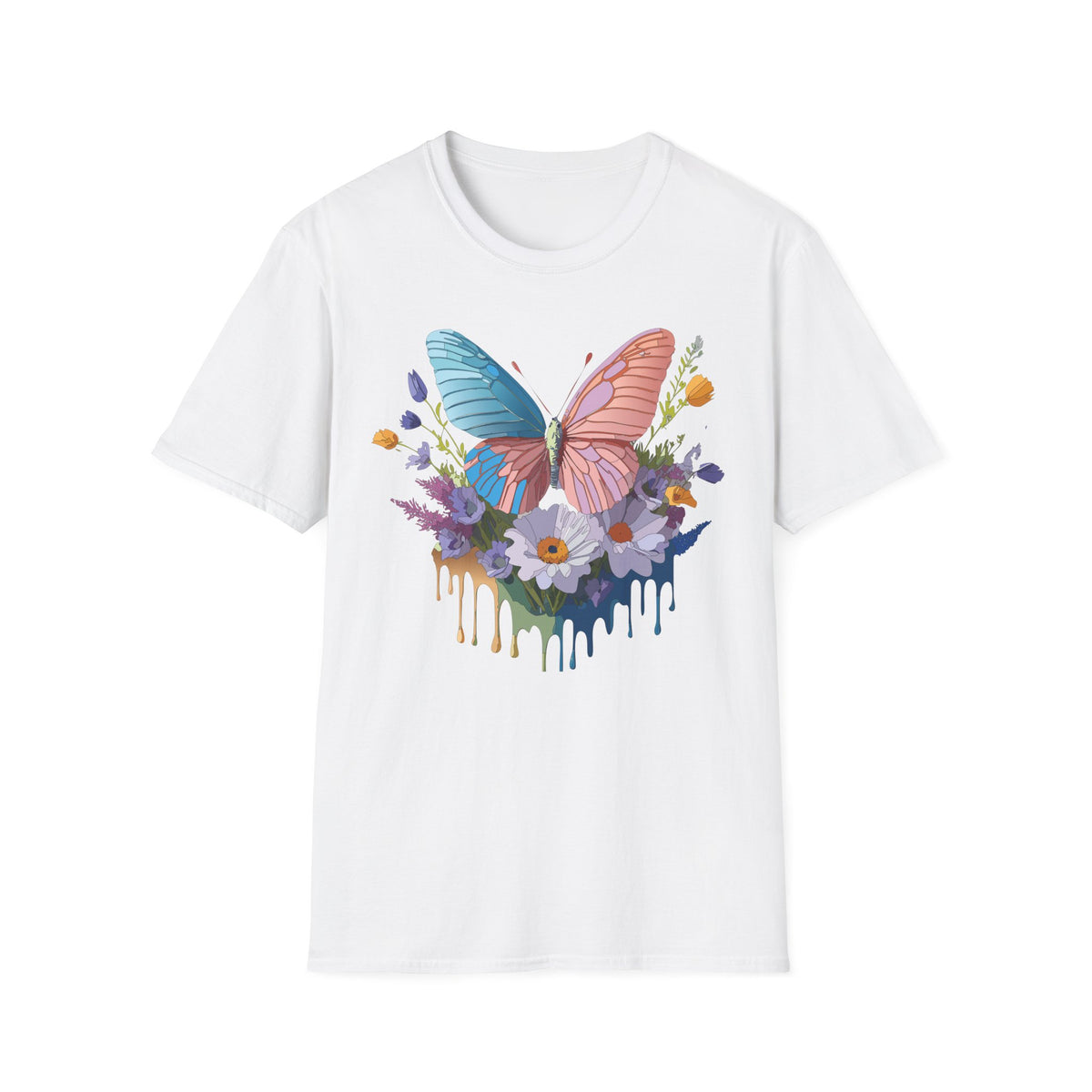Butterfly Bloom T-Shirt — Pastel Wing Floral Drip Graphic Design Unisex 100 Cotton Gildan T-Shirt