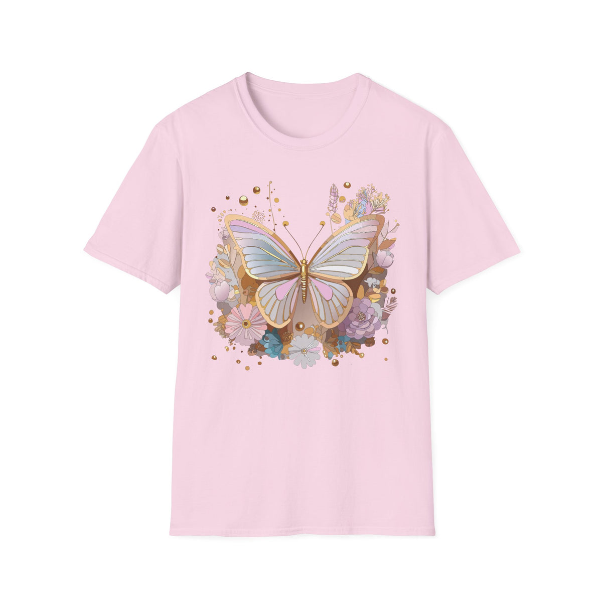 Pastel Butterfly Floral T-Shirt — Gold Accent Butterfly Graphic Design Unisex 100 Cotton Gildan T-Shirt