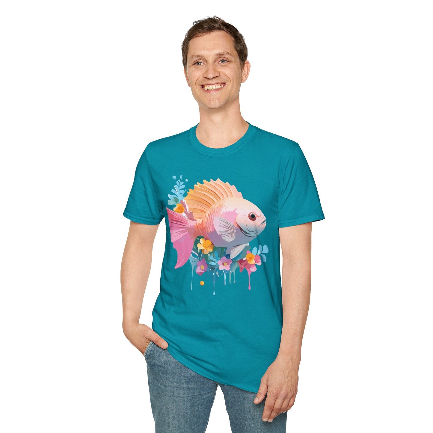Fish Art Design Graphic Tee Shirt Unisex Softstyle Cotton Short Sleeve Comfort Fit Everyday Wear