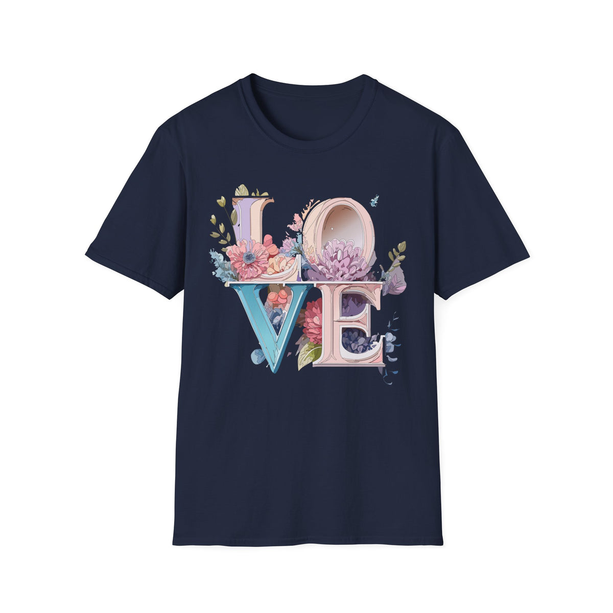 Floral LOVE Typography T-Shirt | Botanical Letter Art, Pastel Bloom Design