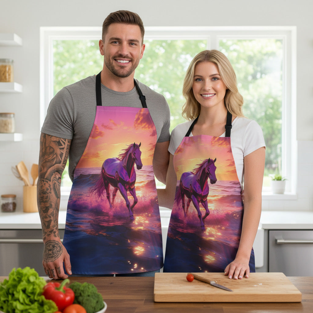 Sunset Surfing Horse Apron — Vibrant Beach Scene Kitchen Apron Stain-Resistant - Art Print Canvas Apron
