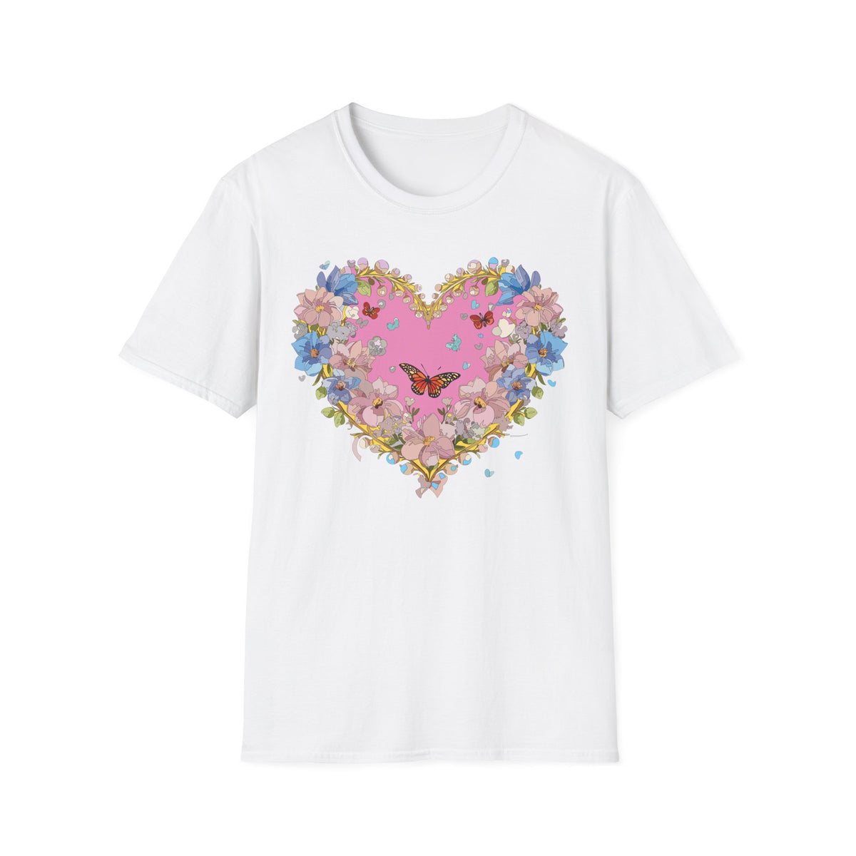 Floral Heart with Butterfly T-Shirt | Pink Bloom Love Graphic Tee Unisex 100 Cotton Gildan T-Shirt