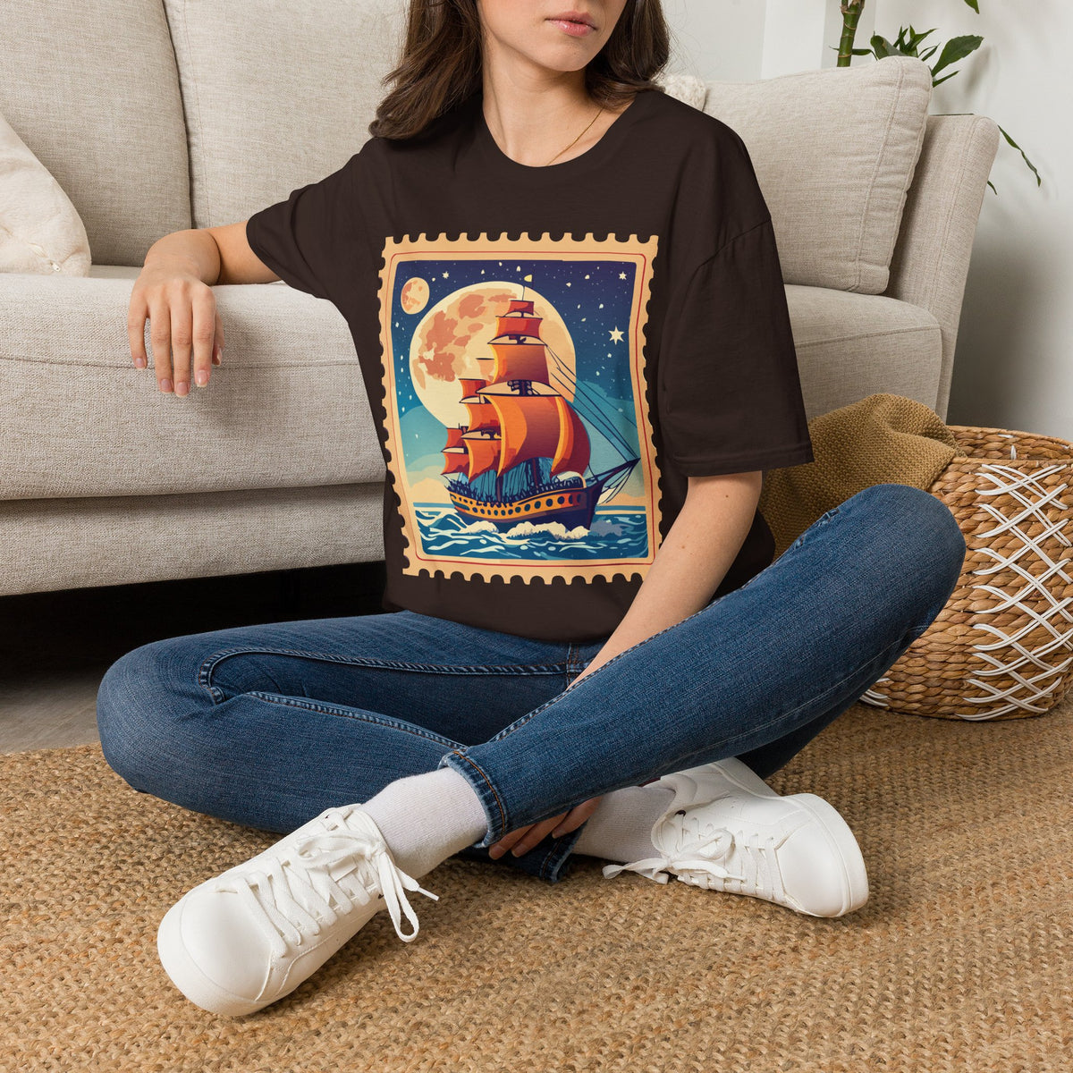 Vintage Sailing Ship T‑Shirt — Nautical Stamp Moonlight Travel Post Graphic Design Unisex 100 Cotton Gildan T-Shirt