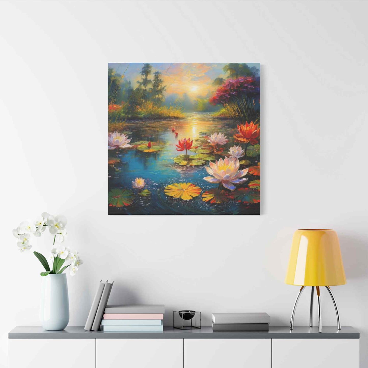 Water Lilies Print Canvas, Oil Paint Print 20x20, 24x24, 30x30, 32x32, 36x36 Floral Art Print Pine-Wood Inner Frame MC-67