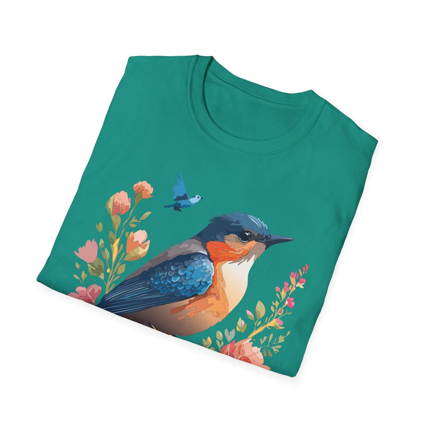 Unisex Floral Bird T Shirt Softstyle 64000 Gildan Ring Spun Cotton Tee Relaxed Fit