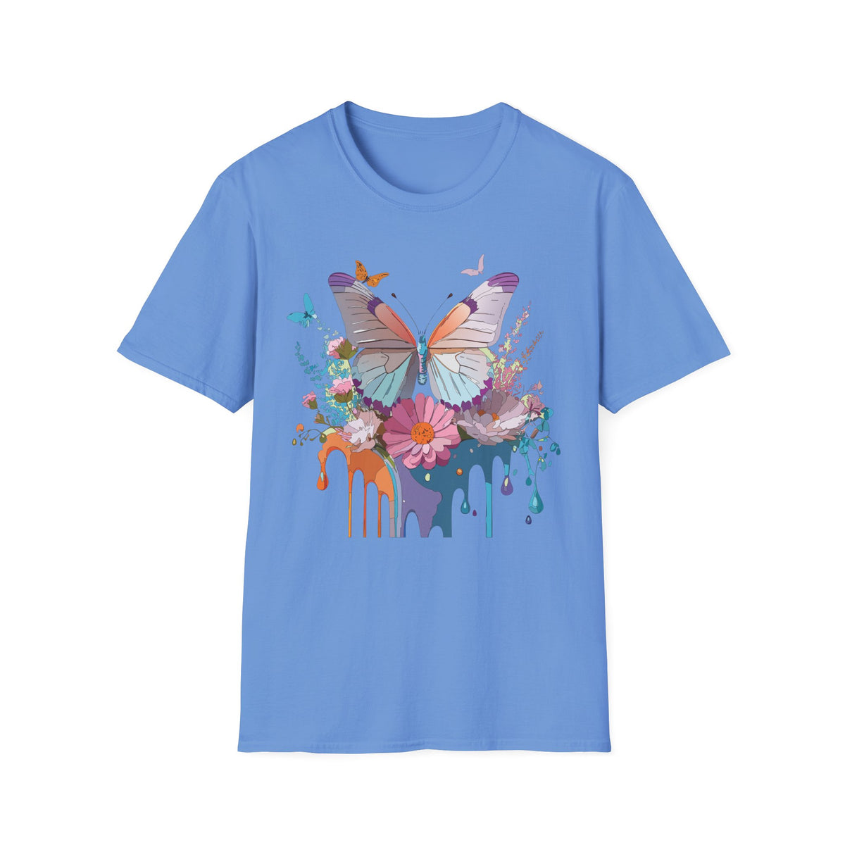Butterfly Floral T-Shirt — Colorful Drip Art Garden Graphic Design Unisex 100 Cotton Gildan T-Shirt