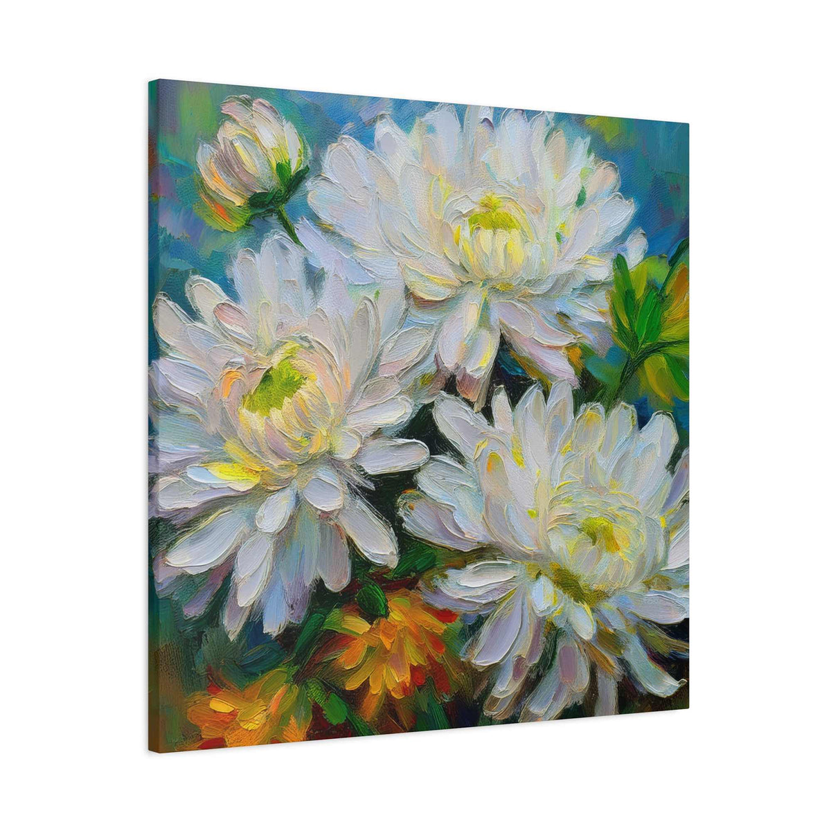 Chrysanthemums Print Canvas, Floral Oil Paint Print 20x20, 24x24, 30x30, 32x32, 36x36 Art Design Pine-Wood Inner Frame MC-161