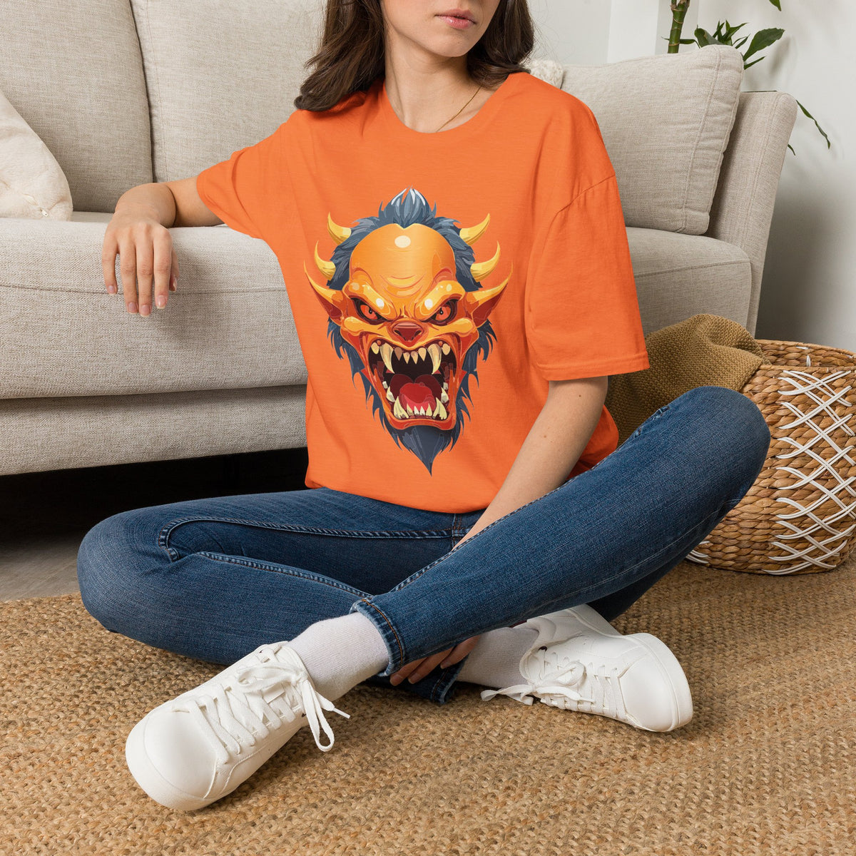 Demonic Oni Mask T-Shirt — Fierce Japanese Demon Face Cartoon Graphic Tee Unisex 100 Cotton Gildan T-Shirt