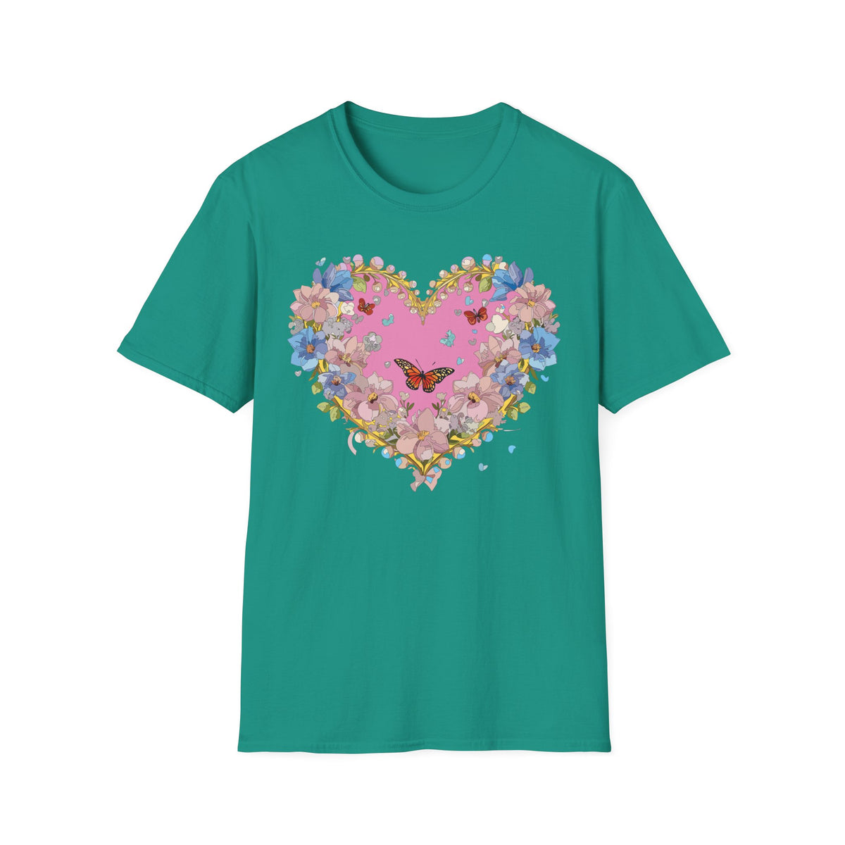 Floral Heart with Butterfly T-Shirt | Pink Bloom Love Graphic Tee Unisex 100 Cotton Gildan T-Shirt
