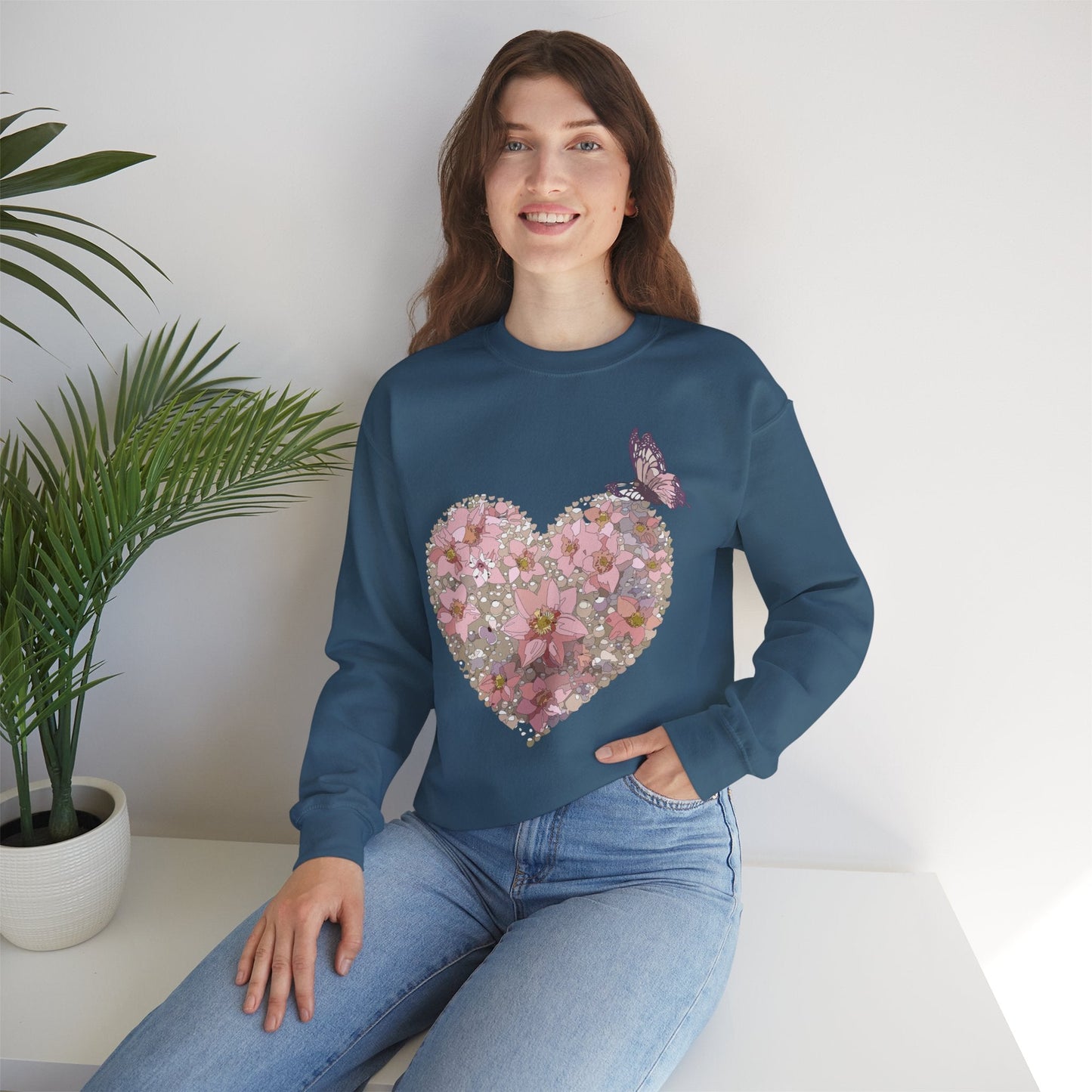 Unisex Floral Heart Sweatshirt Floral Love Valentines Day Gildan 18000 Heavy Blend Crewneck