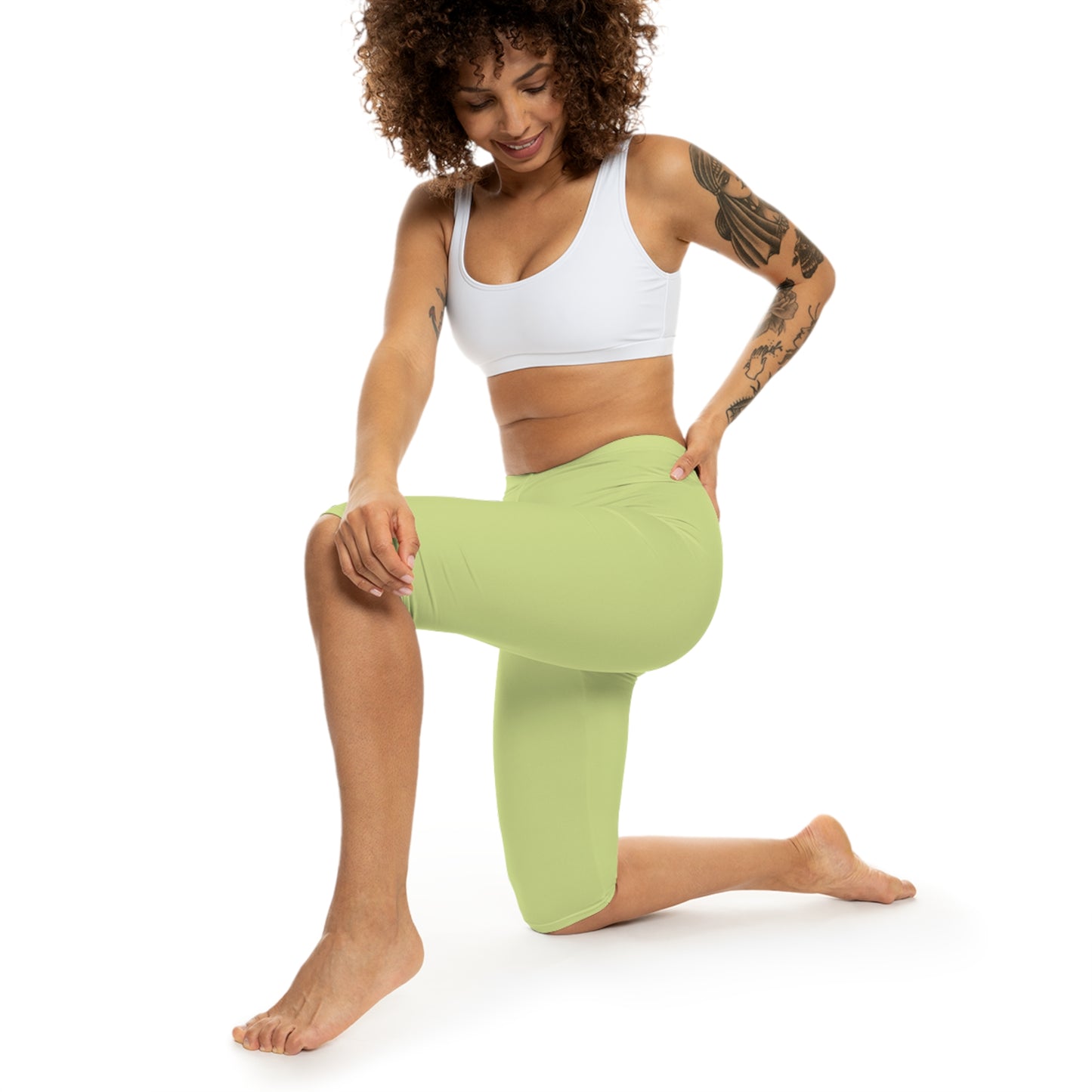 Green Tea Color Women's Brushed Suede Poly Span Casual Capri Leggings XS-2XL