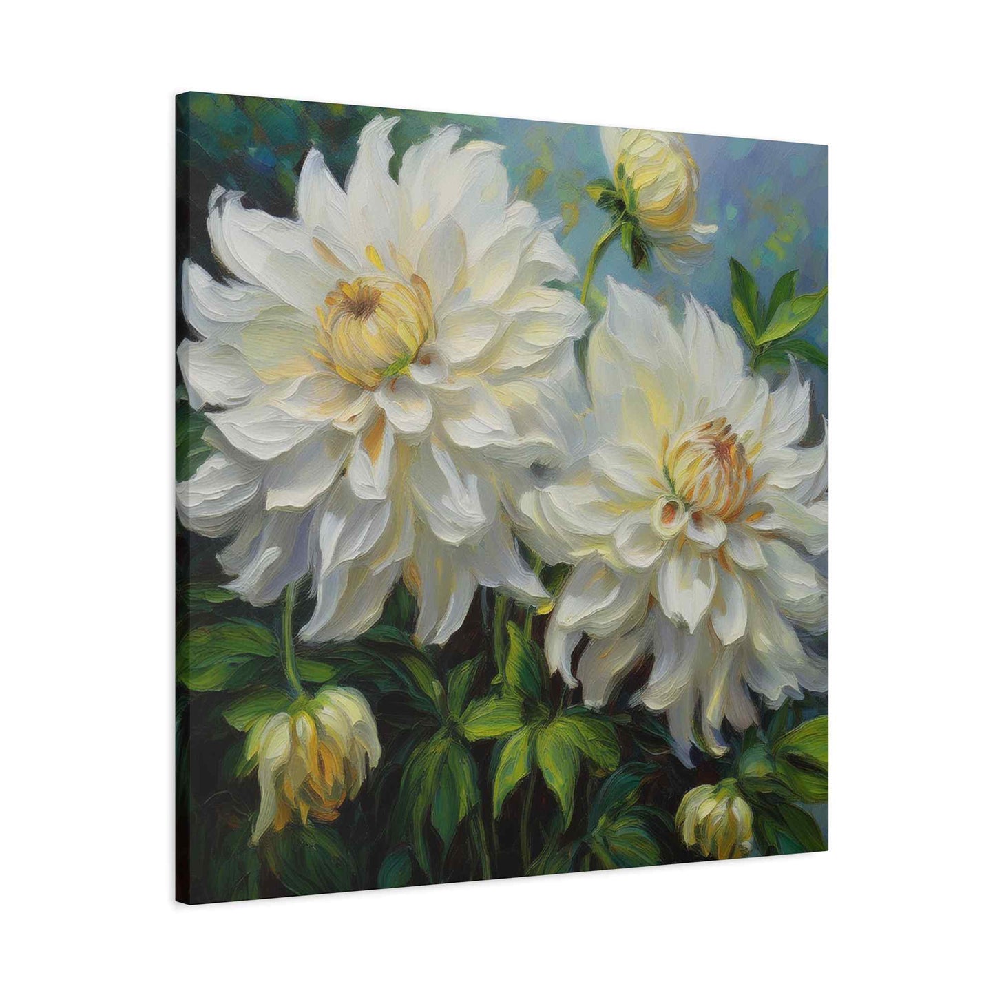 White Dahlias Print Canvas, Floral Oil Paint Print 20x20, 24x24, 30x30, 32x32, 36x36 Art Design Pine-Wood Inner Frame MC-170