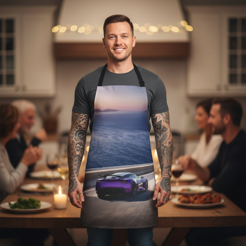 Sports Car Coastal Apron — Purple Supercar Driving at Sunset Stain-Resistant - Art Print Canvas Apron