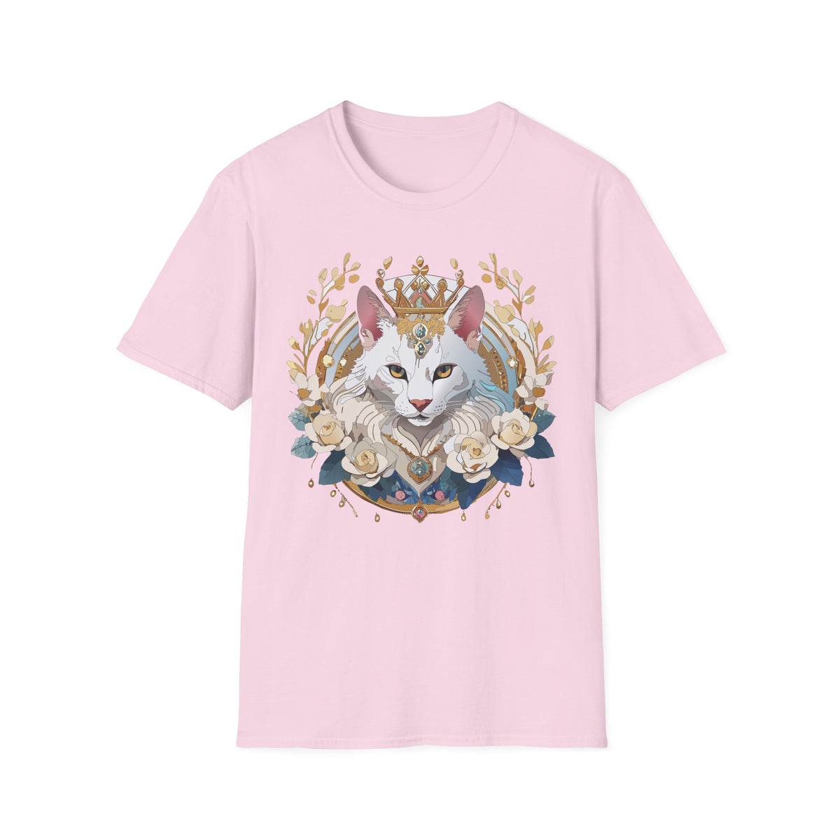 Regal White Cat Illustration T-Shirt | Crowned Feline, Floral Frame