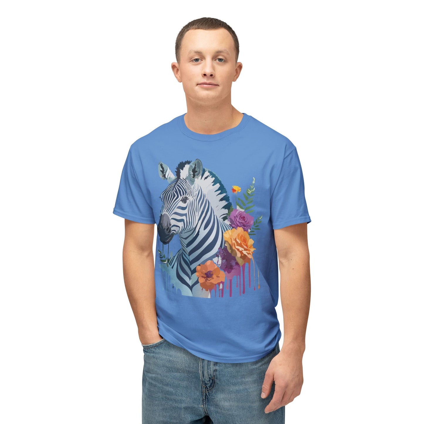 Unisex Zebra T Shirt With Floral Art Print Premium HD Cotton Jersey Tee Made In USA