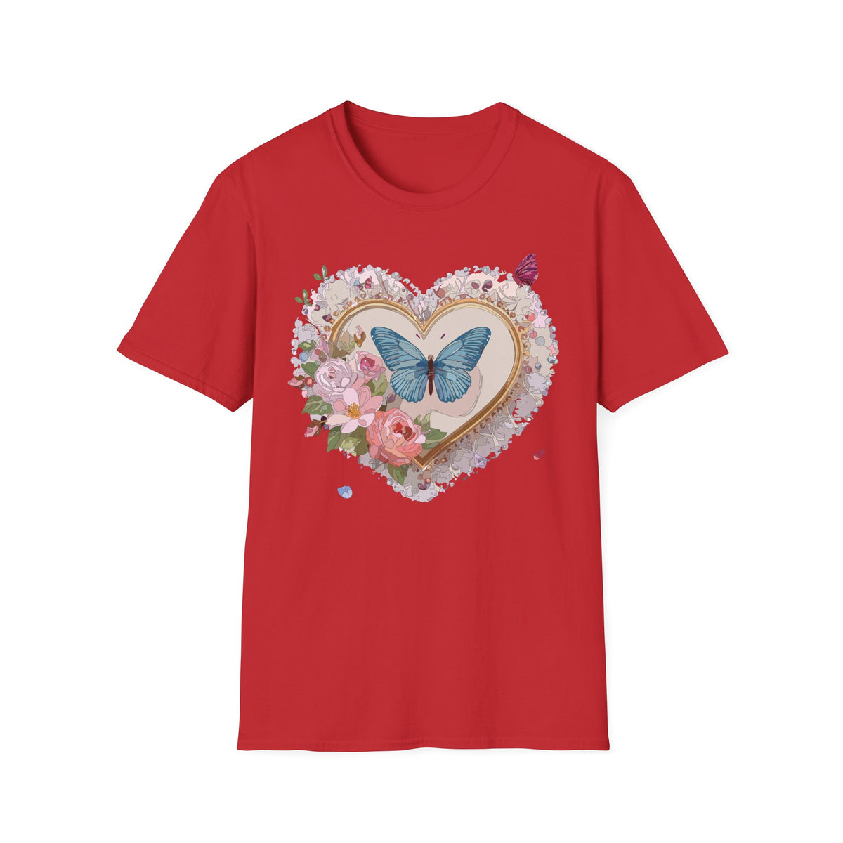 Butterfly Heart T-Shirt — Floral Blue Butterfly Graphic Tee Unisex 100 Cotton Gildan T-Shirt