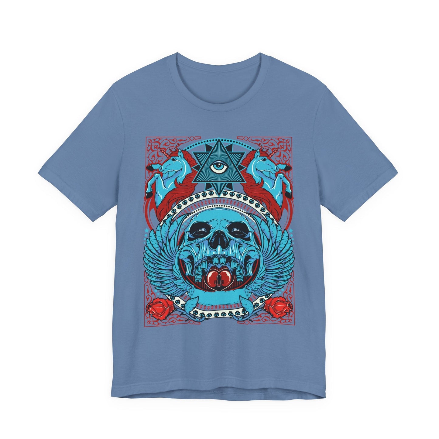 All-Seeing Skull Illustration Tee Winged Skull Third Eye Roses T-Shirt