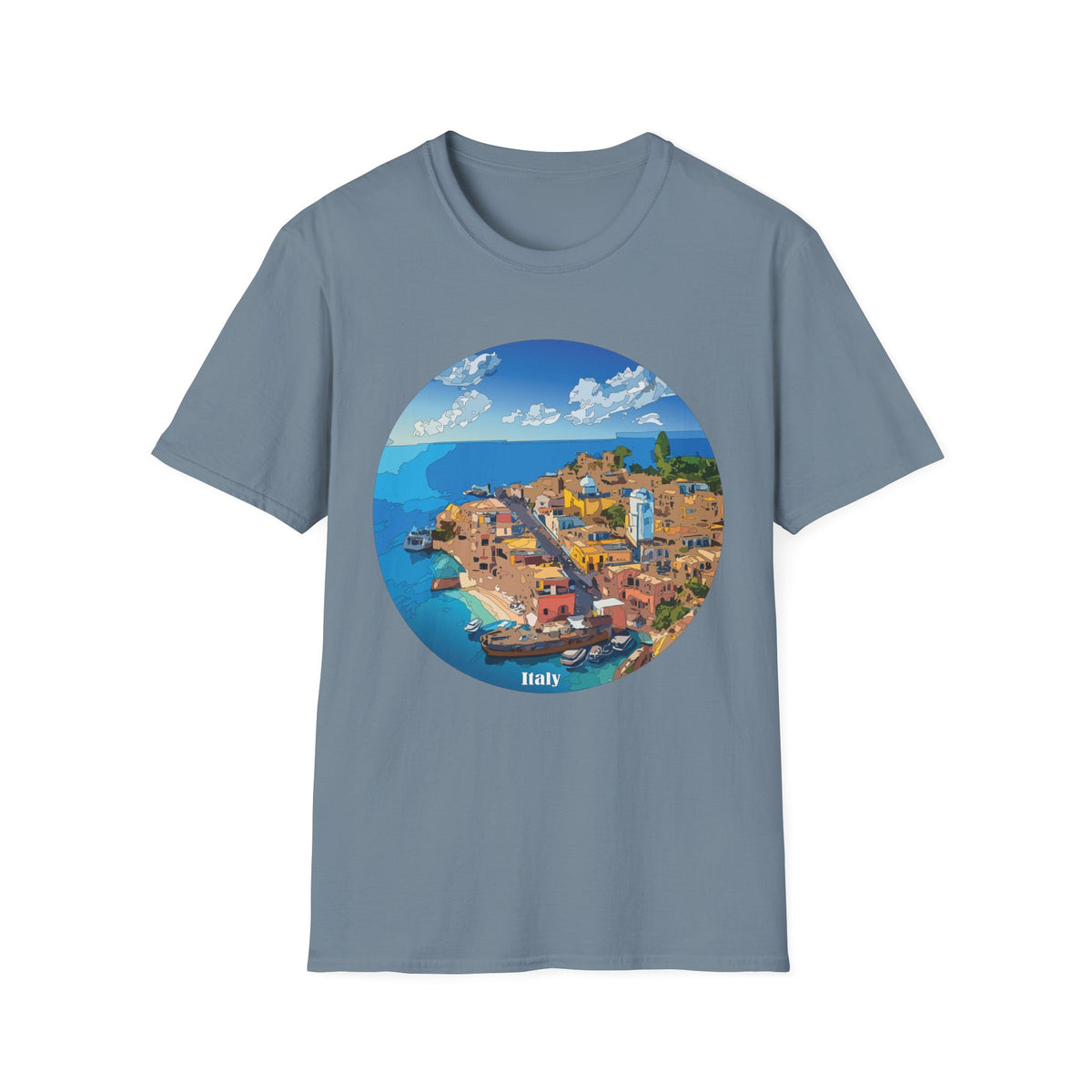 Italy Mediterranean Coastal Village Illustration T-Shirt | Seaside Landscape Tee