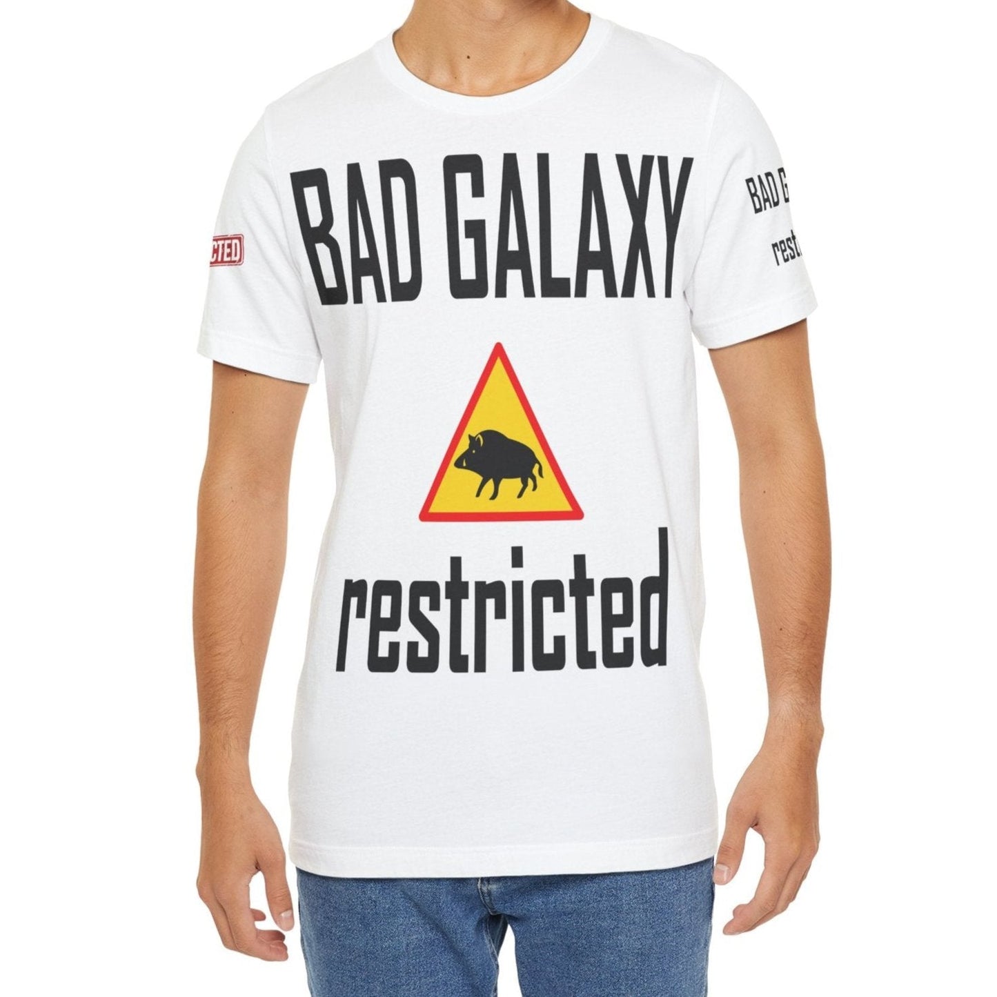 Tee Shirt With Red Stamp Designed And Printed In The USA By Bad Galaxy 100 Percent Cotton
