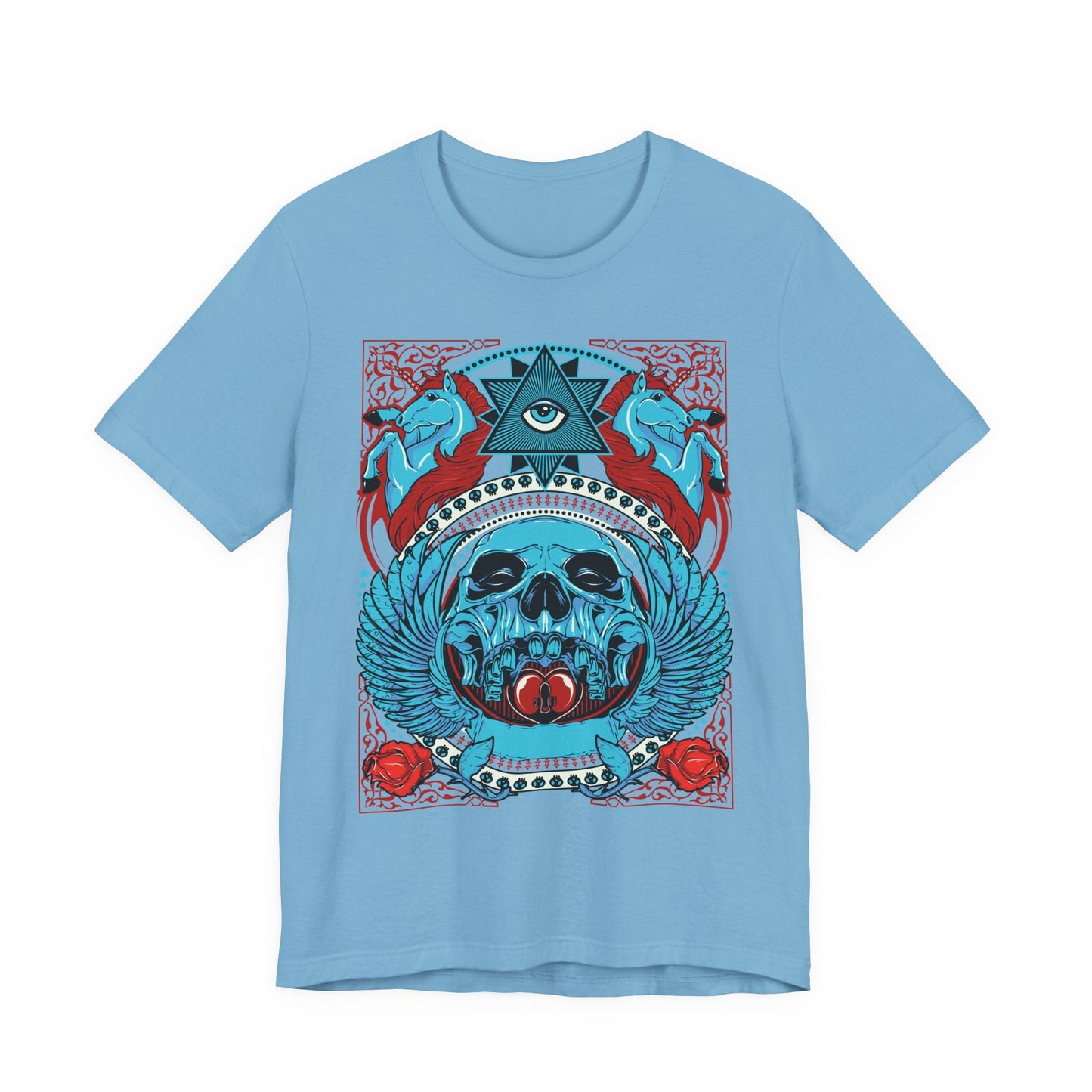 All-Seeing Skull Illustration Tee Winged Skull Third Eye Roses T-Shirt